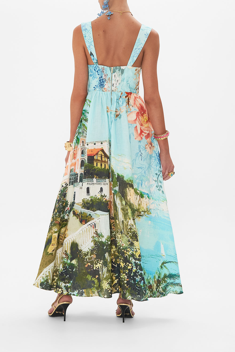 Back view of model wearing CAMILLA bustier dress in From Sorrento With Love print