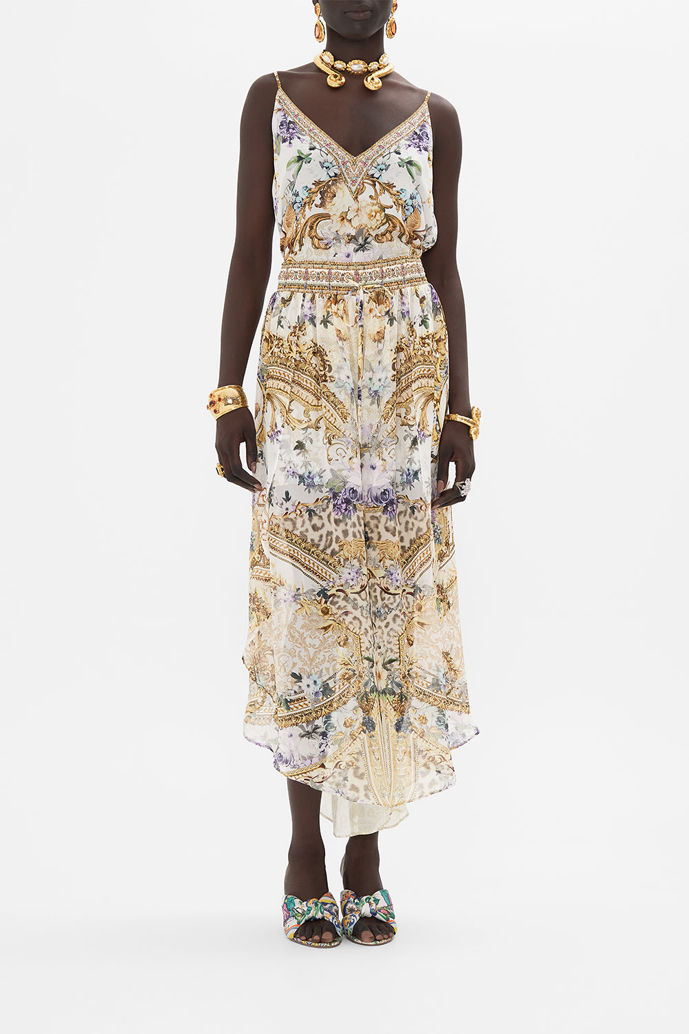 Front view of model wearing CAMILLA silk culotte pants in Palazzo Play Date print