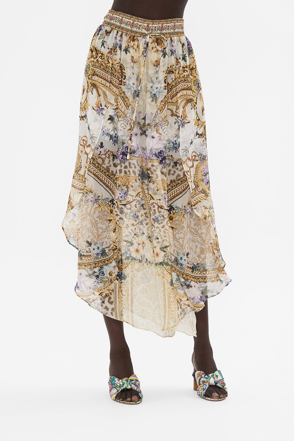 Detail view of model wearing CAMILLA silk culotte pants in Palazzo Play Date print