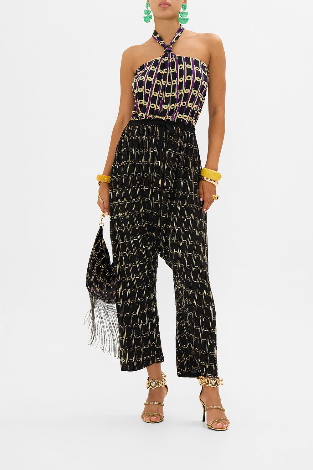CAMILLA draped jersey pants in Film Diva print