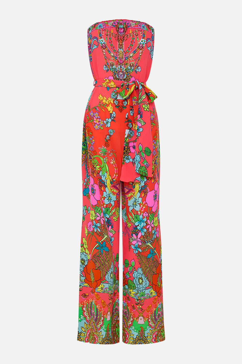 CAMILLA Pink Tie Waist Strapless Jumpsuit in Windmills and Wildflowers print