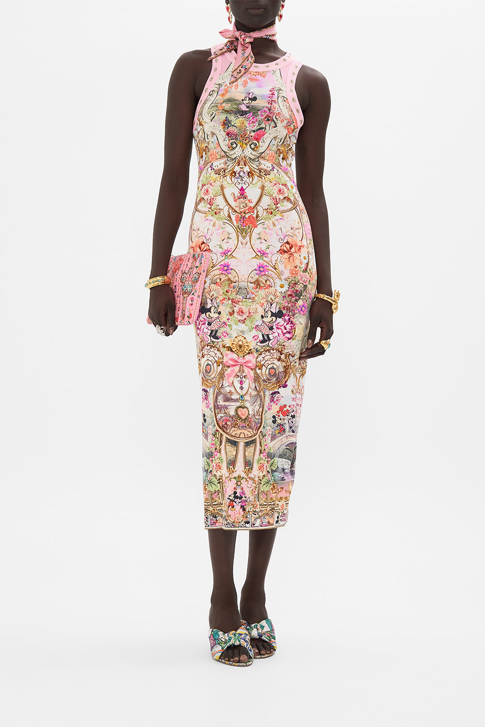 Front view of model wearing Disney x CAMILLA jersey dress in Minnie Mouse Magic print