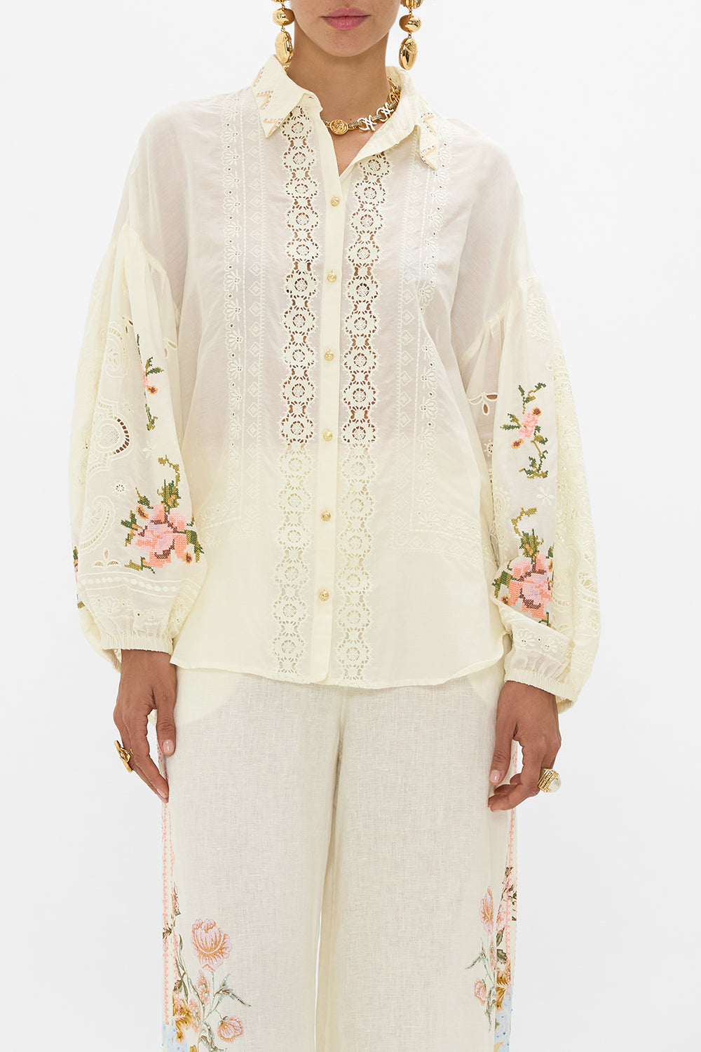 CAMILLA Embroidered Balloon Sleeve Shirt Blouse in Honour of Heirlooms print