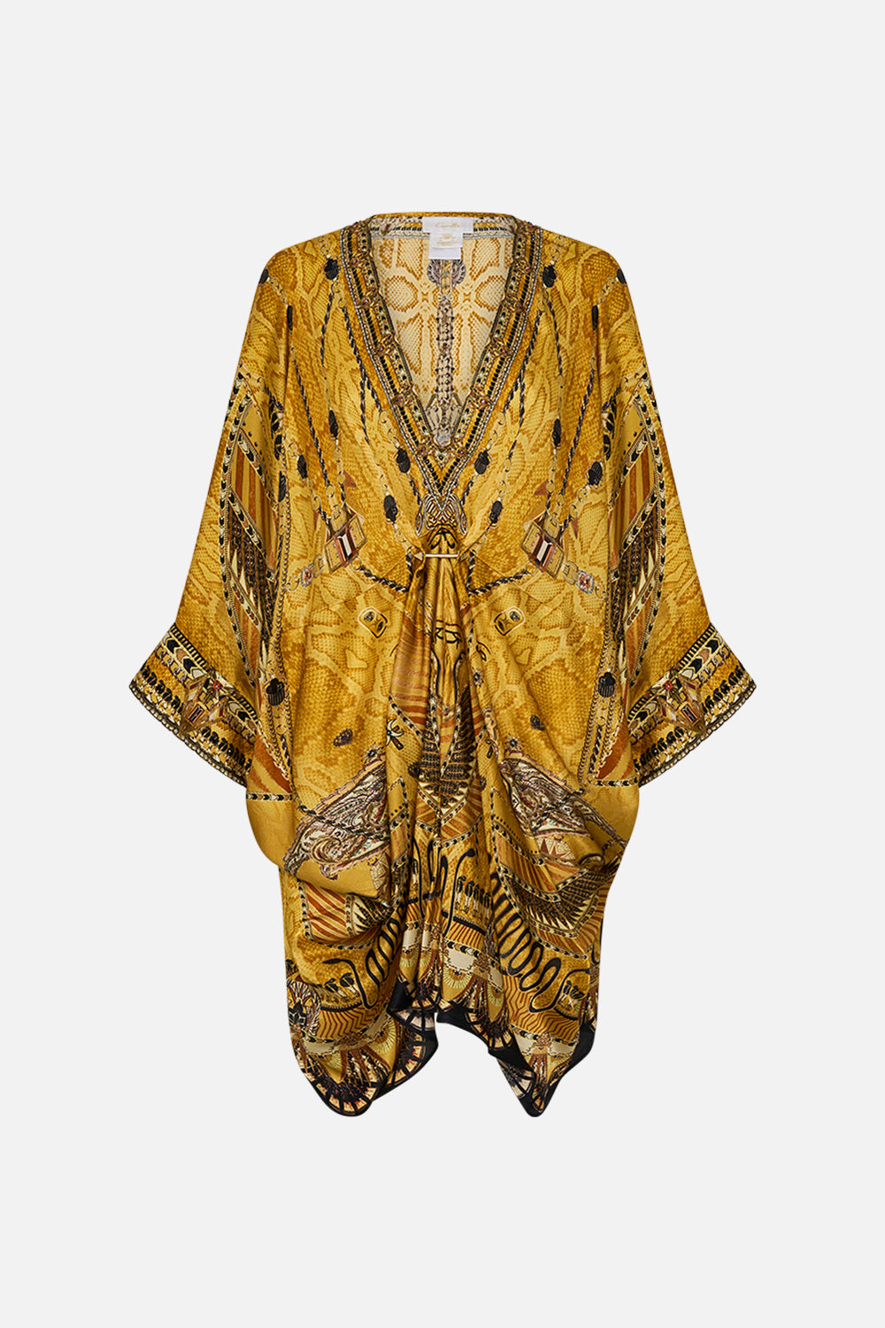 CAMILLA Gold Pierced V-Neck Short Kaftan in Valley of the Kings Print