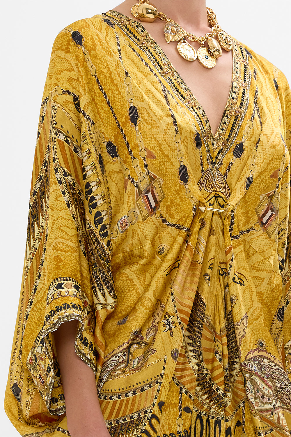 CAMILLA Gold Pierced V-Neck Short Kaftan in Valley of the Kings Print