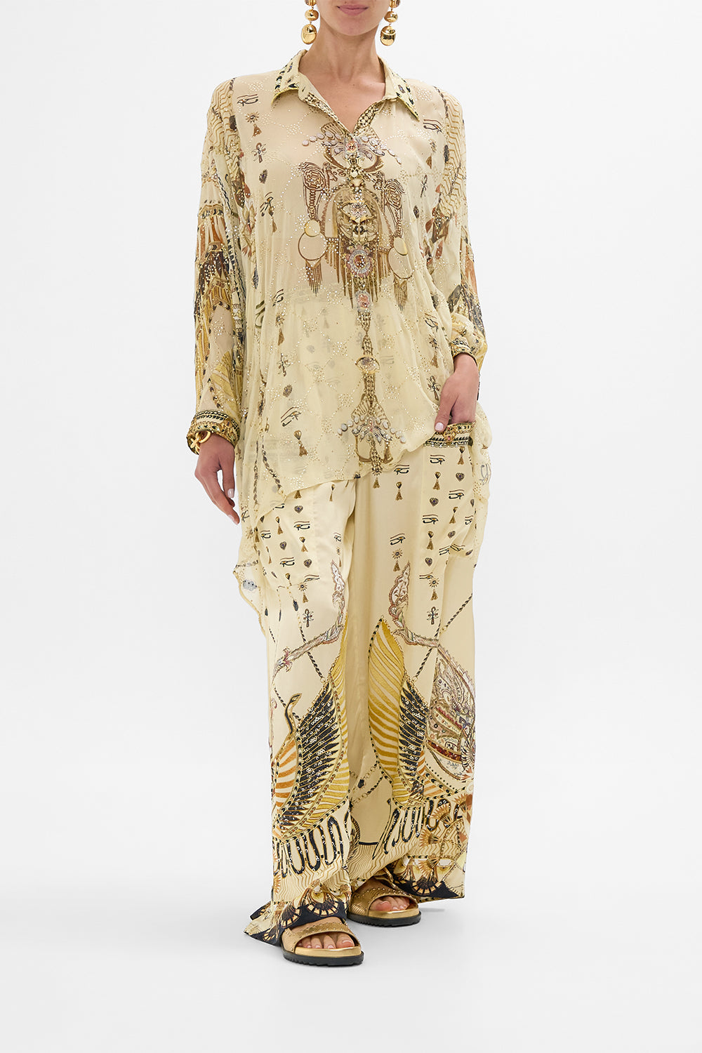 CAMILLA Gold Badla Embellished Button-Up Draped Back Top in Gateway to the Afterlife Print