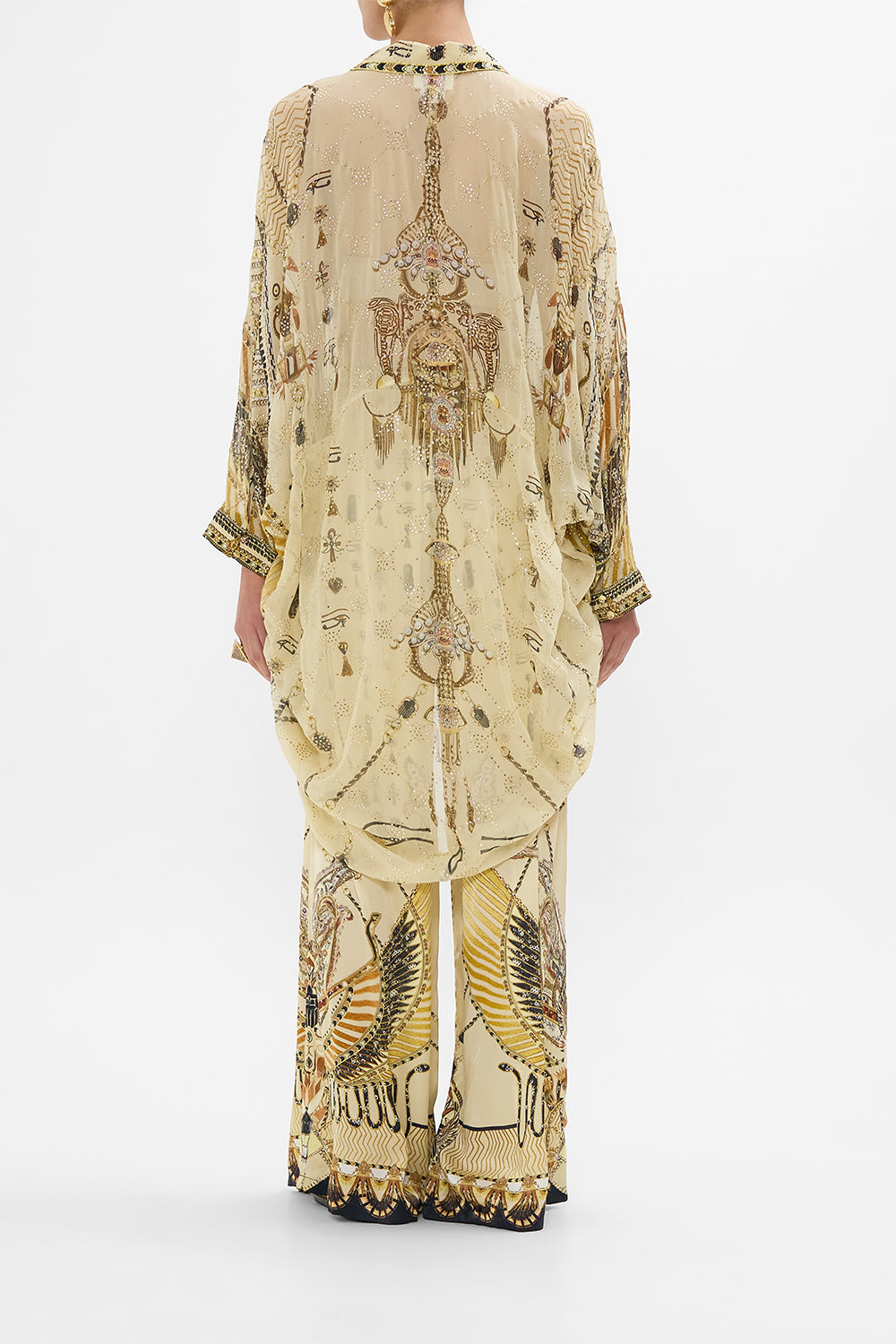 CAMILLA Gold Badla Embellished Button-Up Draped Back Top in Gateway to the Afterlife Print