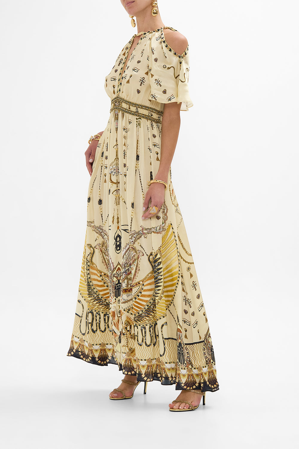 CAMILLA Gold Neck Piece Shirred Waist Long Dress in Gateway to the Afterlife Print