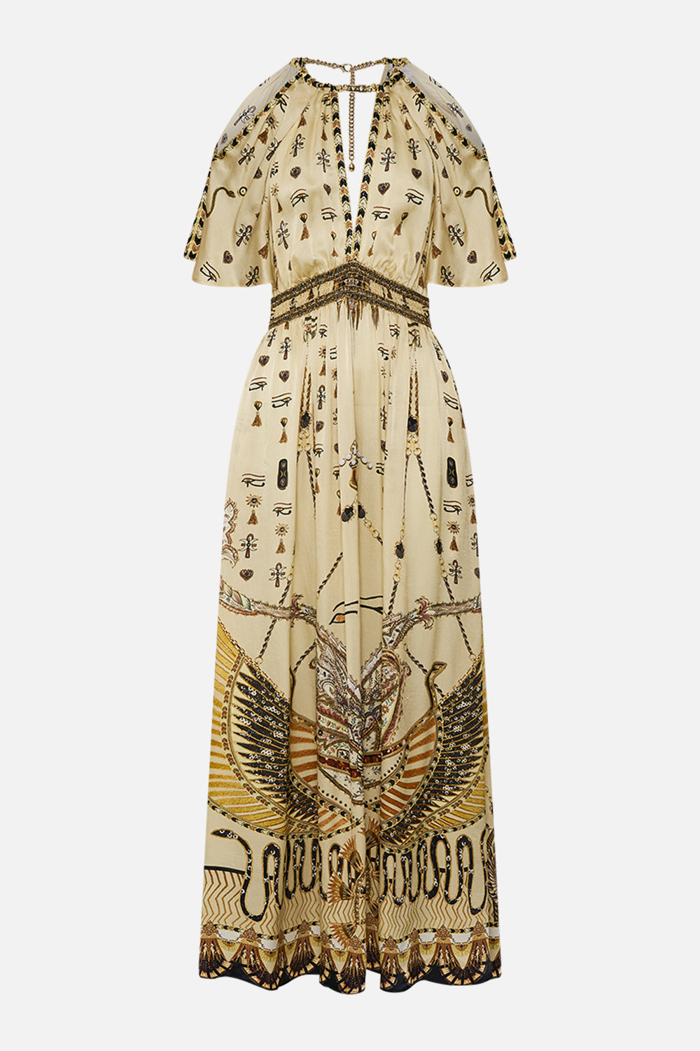 CAMILLA Gold Neck Piece Shirred Waist Long Dress in Gateway to the Afterlife Print