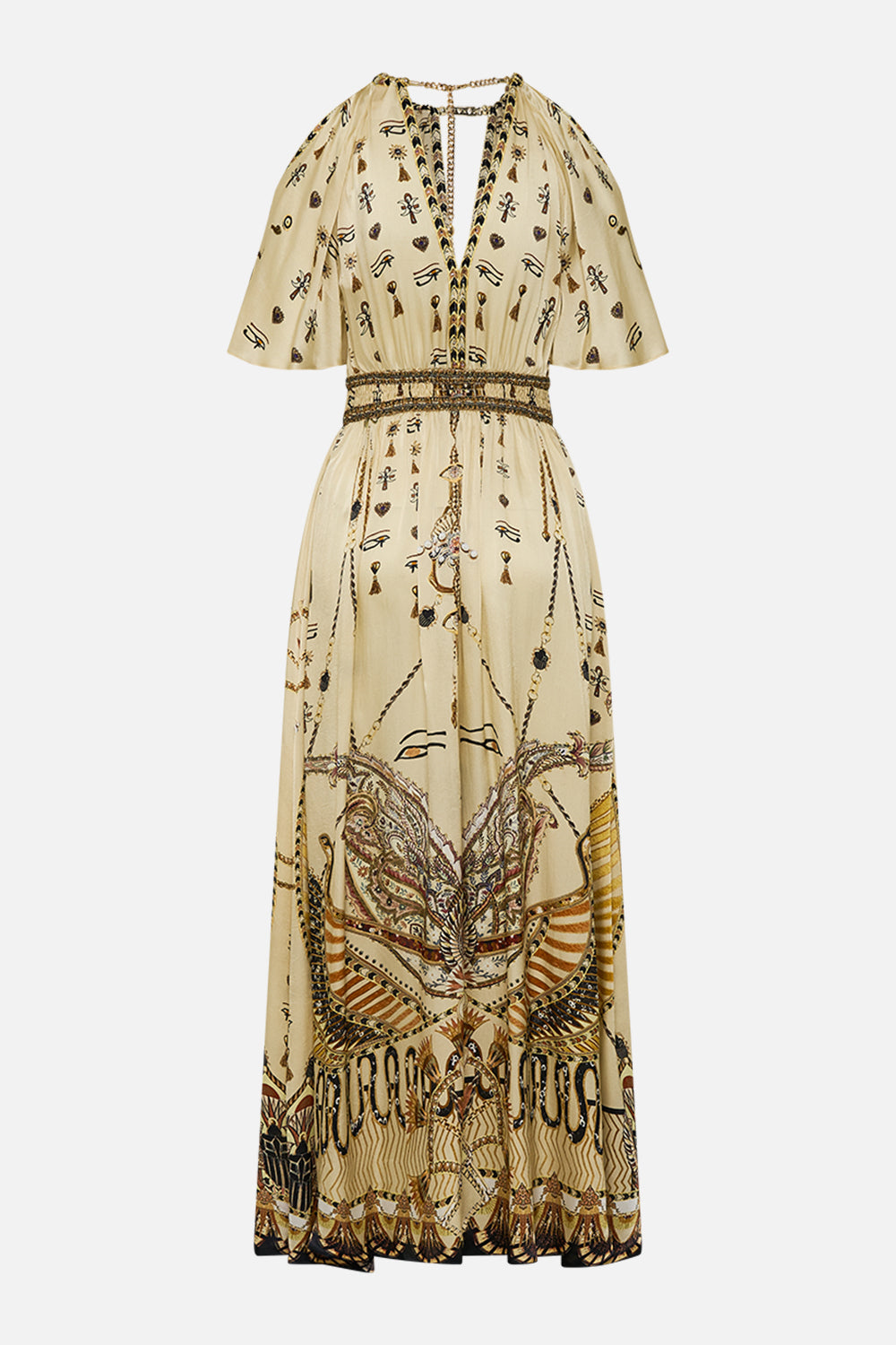 CAMILLA Gold Neck Piece Shirred Waist Long Dress in Gateway to the Afterlife Print