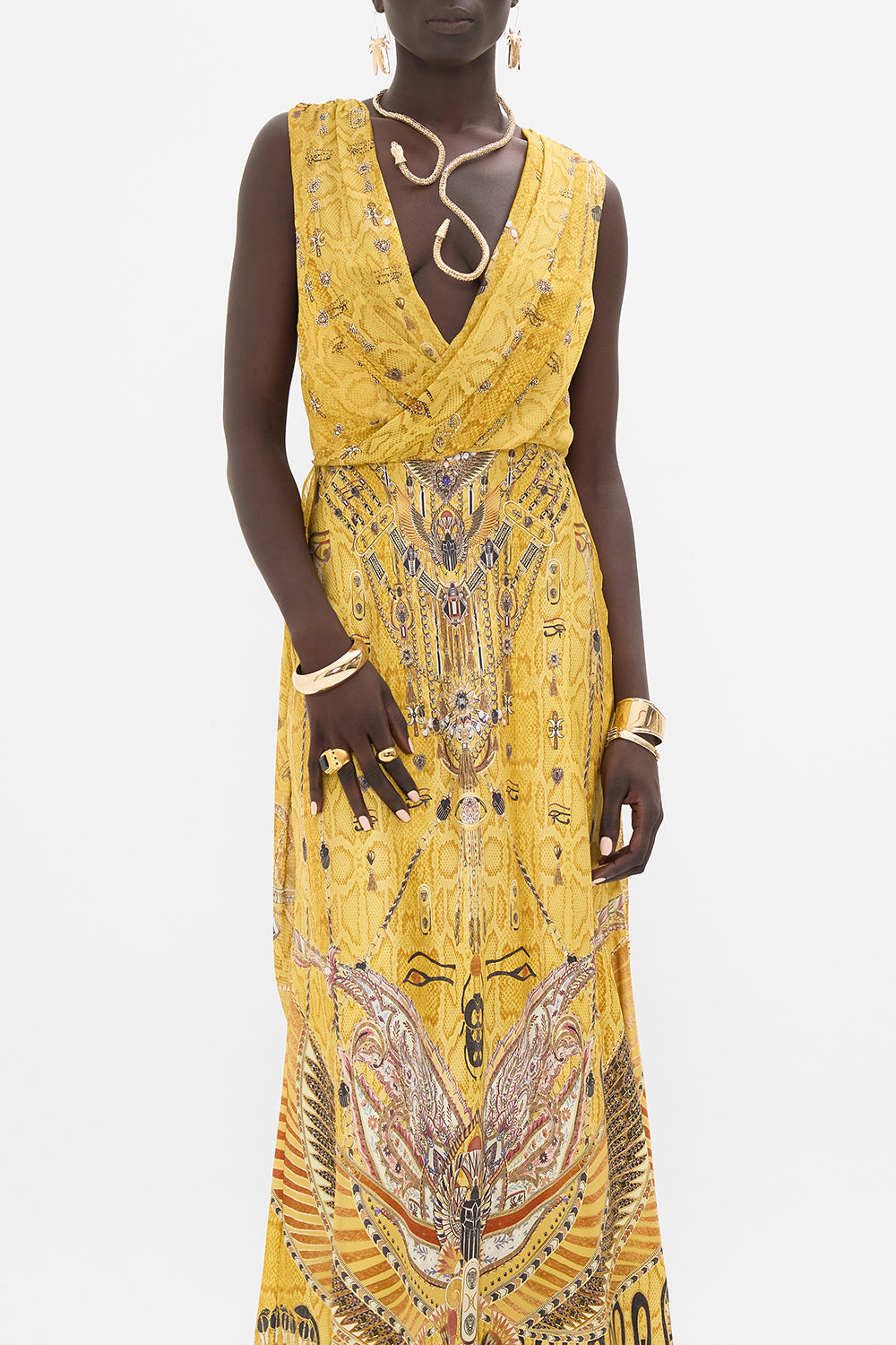 CAMILLA Gold Sleeveless Draped T-Back Long Dress in Valley of the Kings Print