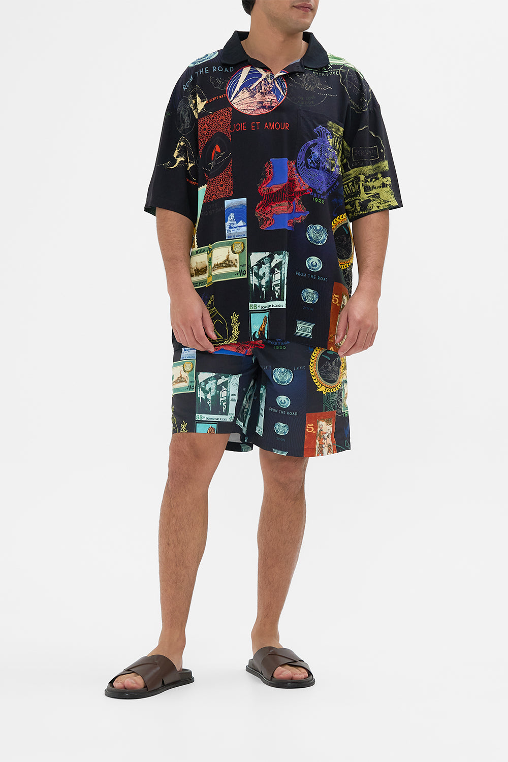 Hotel Franks By CAMILLA relaxed fit woven polo shirt in Haute Passport print.