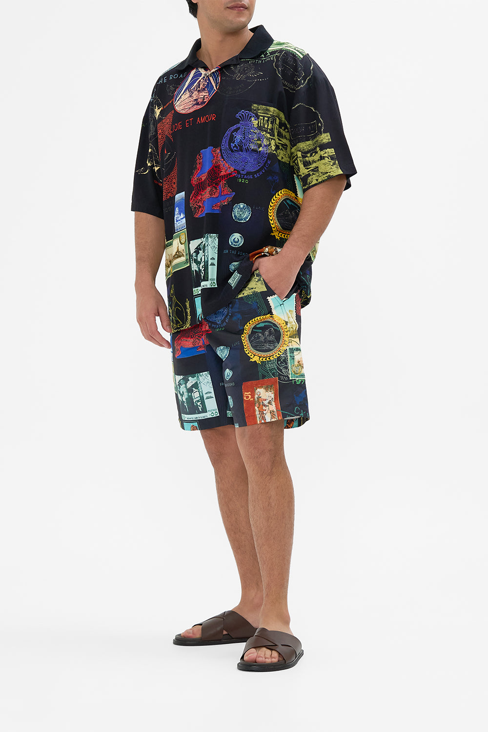 Hotel Franks By CAMILLA relaxed fit woven polo shirt in Haute Passport print.