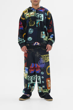 Hotel Franks By CAMILLA black relaxed dropped crotch pant in Landmark and Love Letters print. 