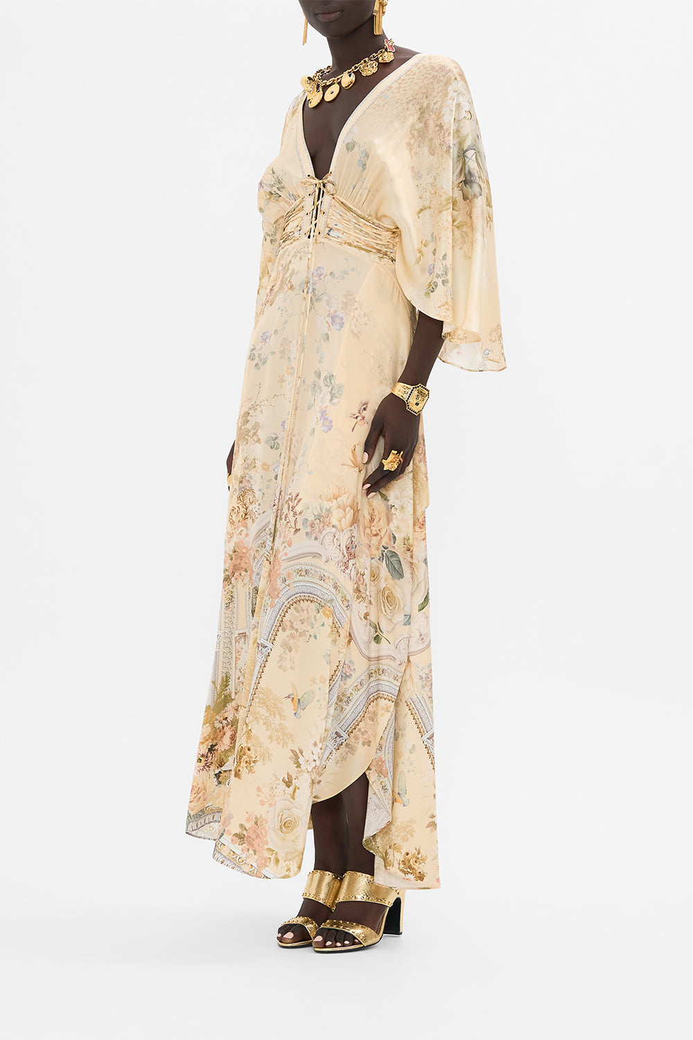 CAMILLA floral v neck lace detail long dress in Adorned in Antiquity print. 