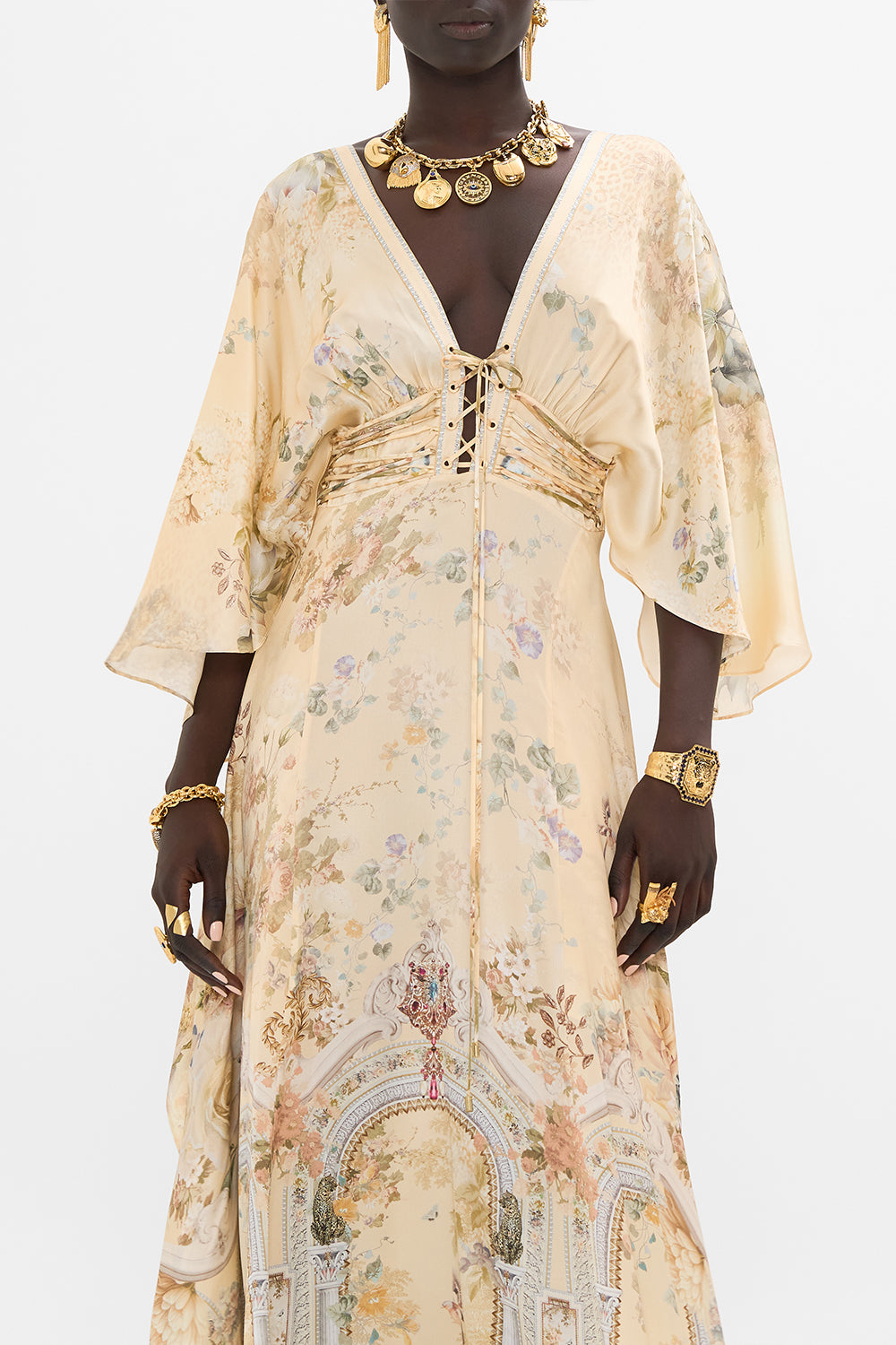 CAMILLA floral v neck lace detail long dress in Adorned in Antiquity print. 