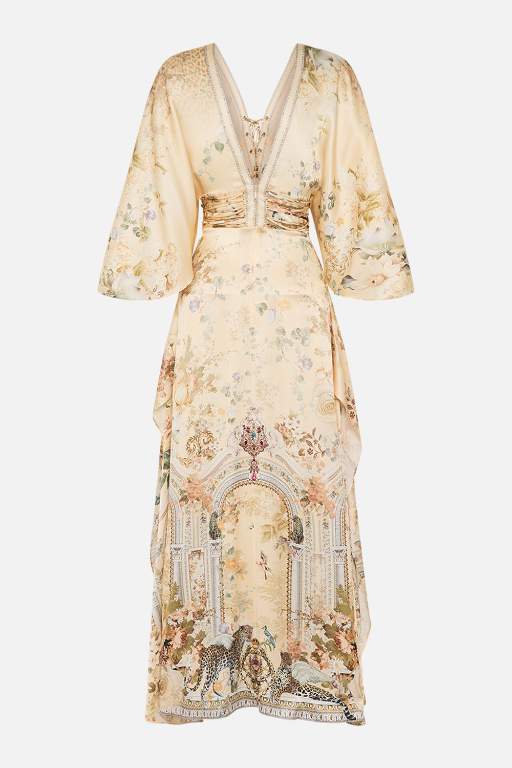 CAMILLA floral v neck lace detail long dress in Adorned in Antiquity print. 