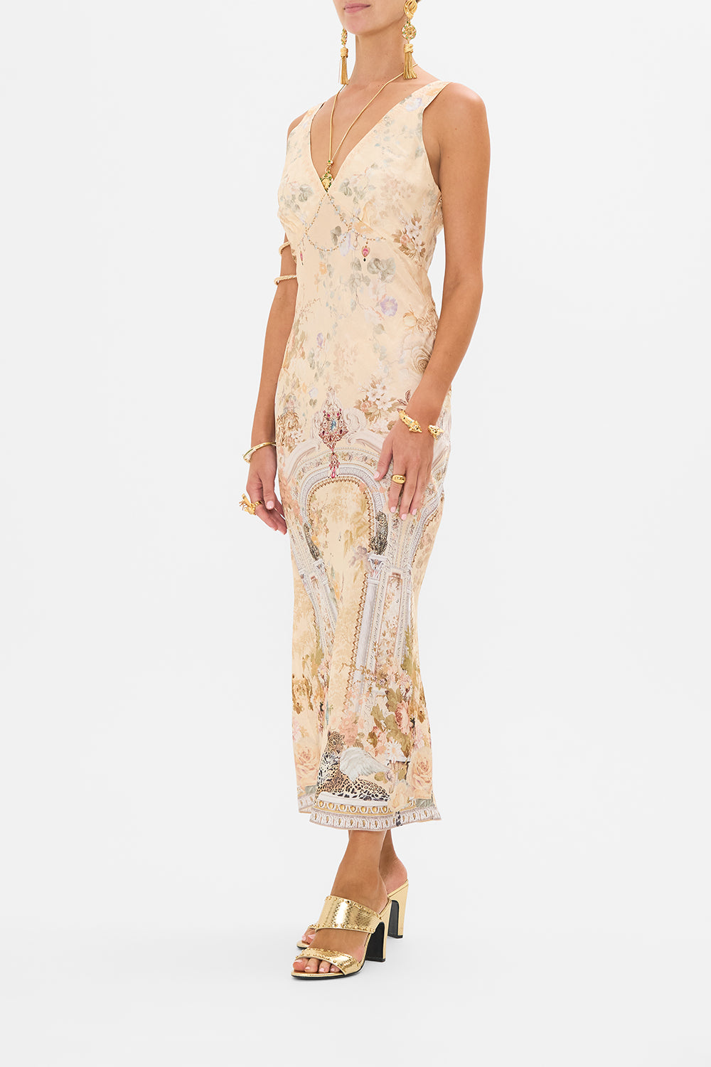 CAMILLA floral v neck jacquard slip dress in Adorned in Antiquity print. 