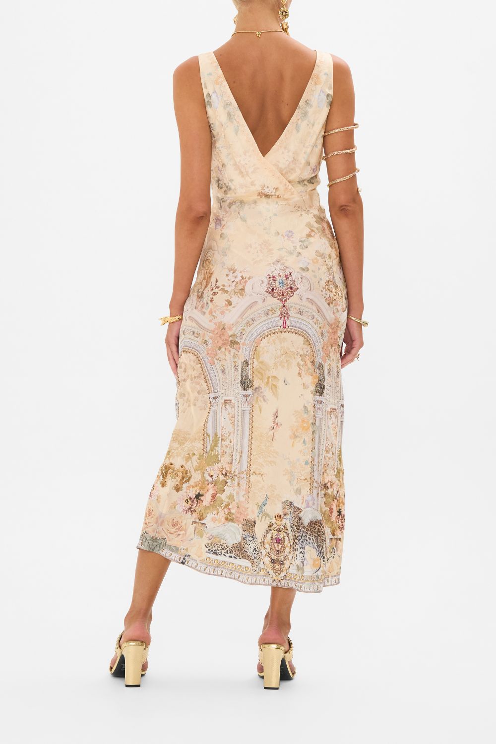 CAMILLA floral v neck jacquard slip dress in Adorned in Antiquity print. 