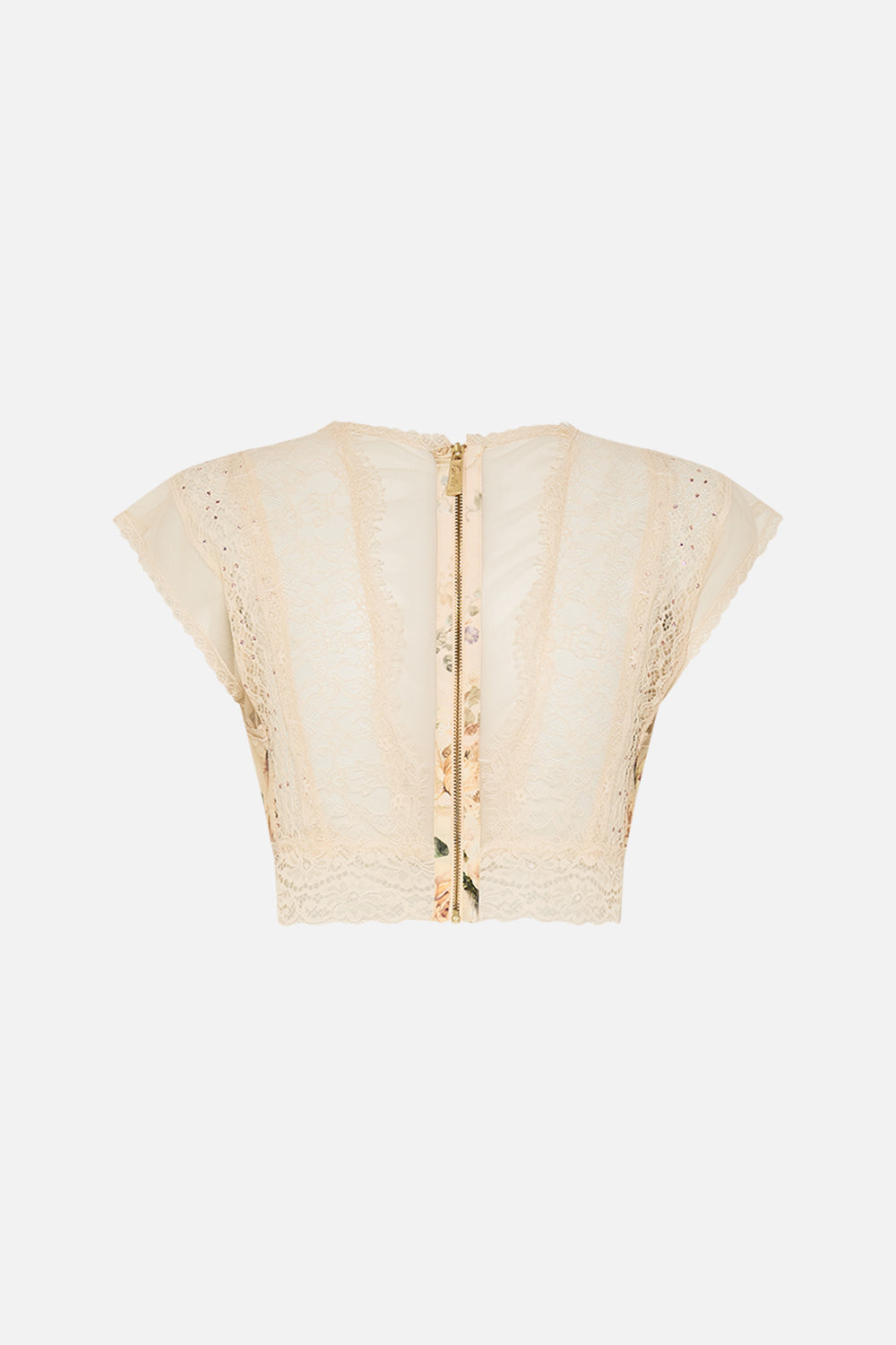 CAMILLA floral lace splice top in Adorned in Antiquity print. 