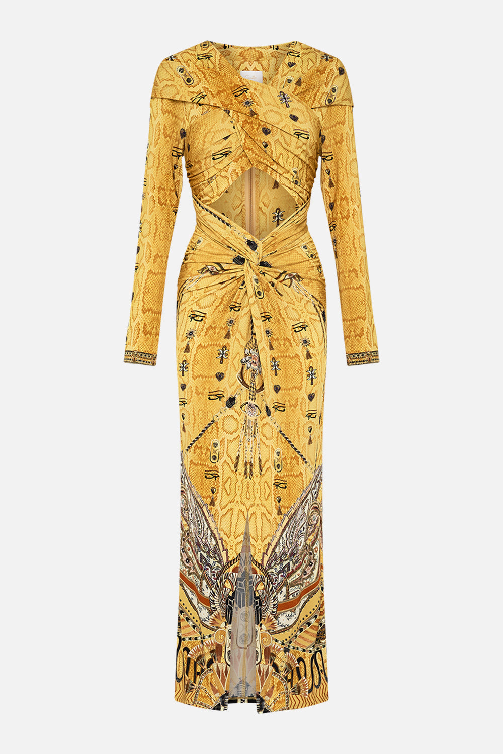CAMILLA Gold Twist Front Jersey Hooded Dress in Valley of the Kings Print