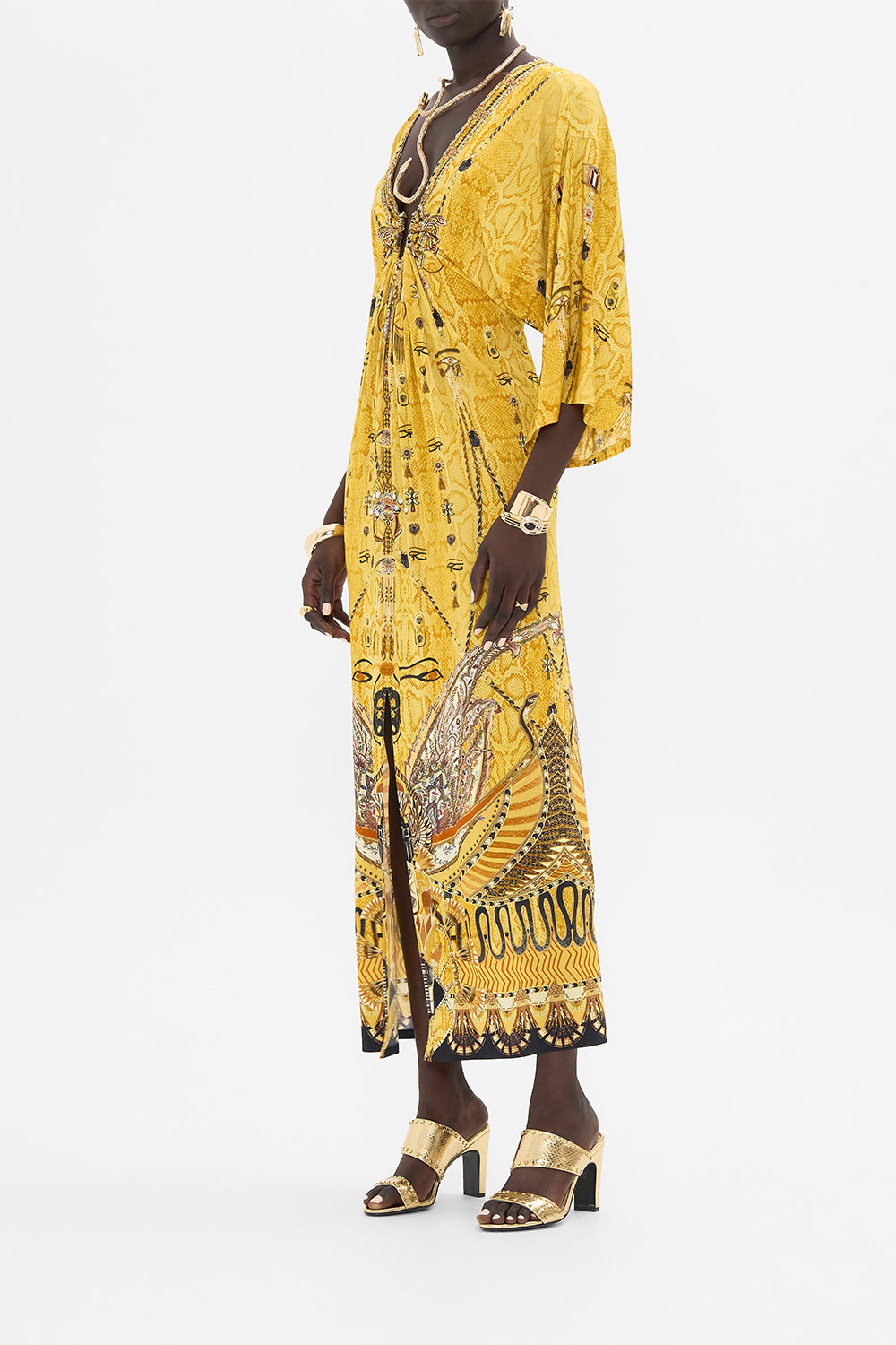 CAMILLA Gold Draped Jersey Dress with Hardware in Valley of the Kings Print