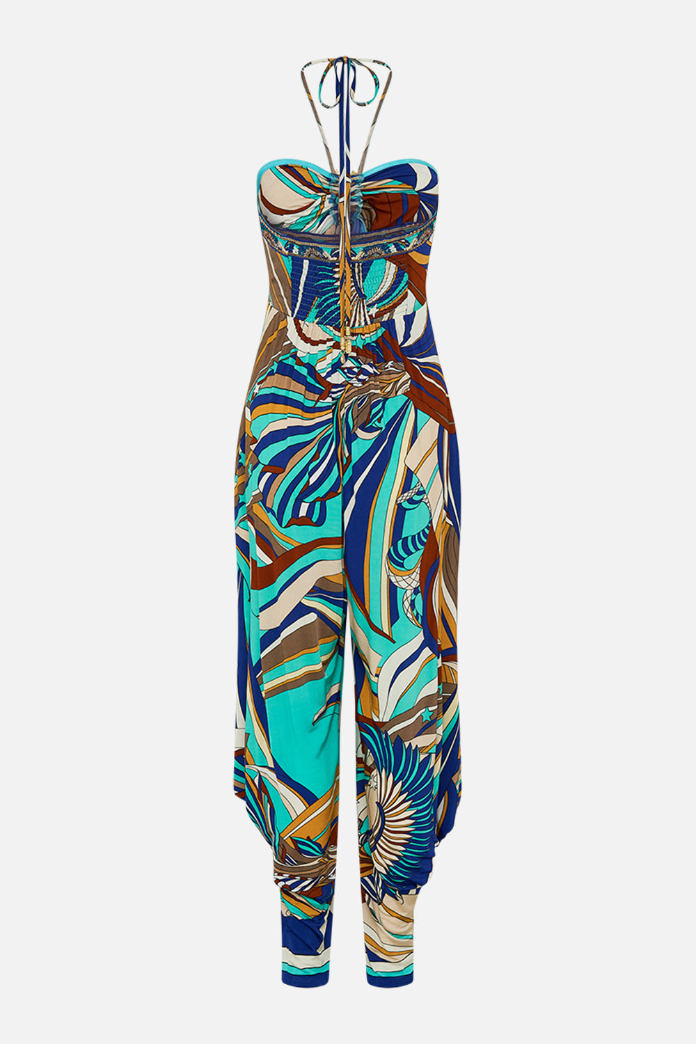 CAMILLA Jersey Draped Pant Jumpsuit in Oasis Oracle print. 