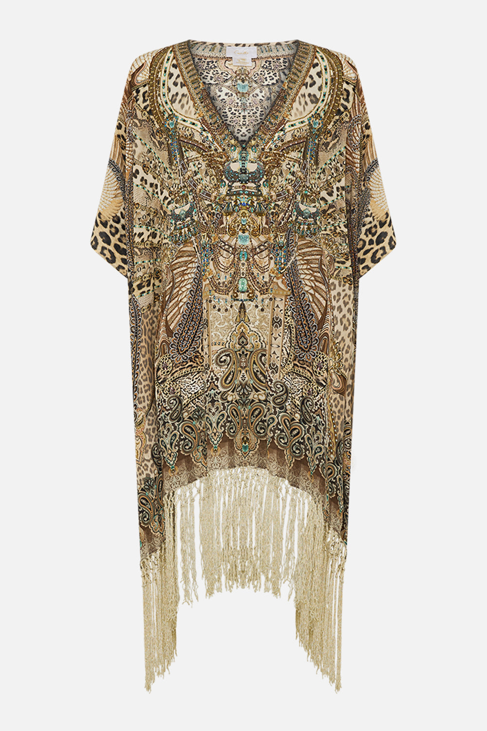 CAMILLA Rectangular V Neck Kaftan with Fringing in The Throne Room print