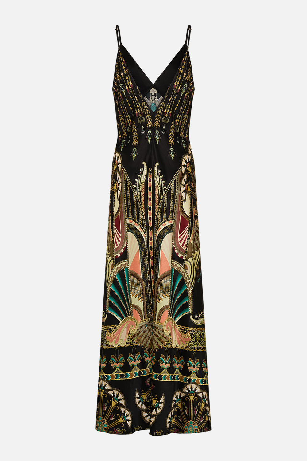 CAMILLA V-Neck Black/Gold Full Length Bias Slip Dress in They Called Her Nefertari print