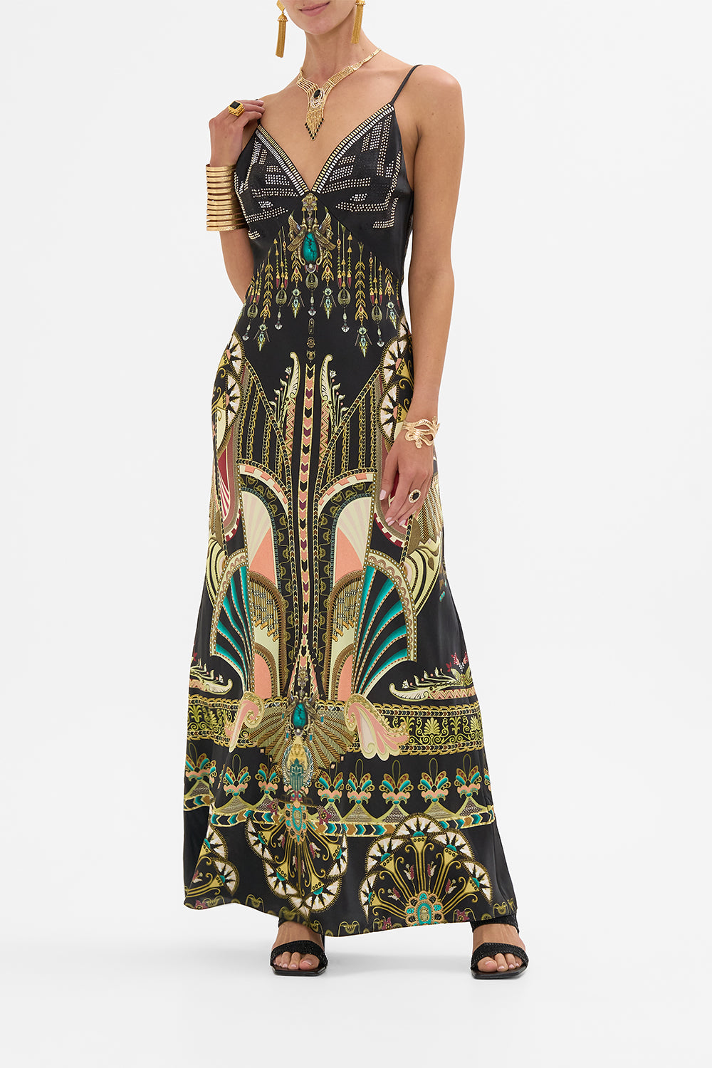 CAMILLA V-Neck Black/Gold Full Length Bias Slip Dress in They Called Her Nefertari print