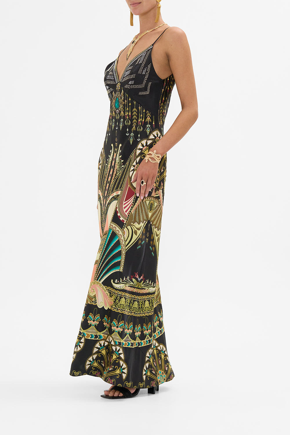 CAMILLA V-Neck Black/Gold Full Length Bias Slip Dress in They Called Her Nefertari print