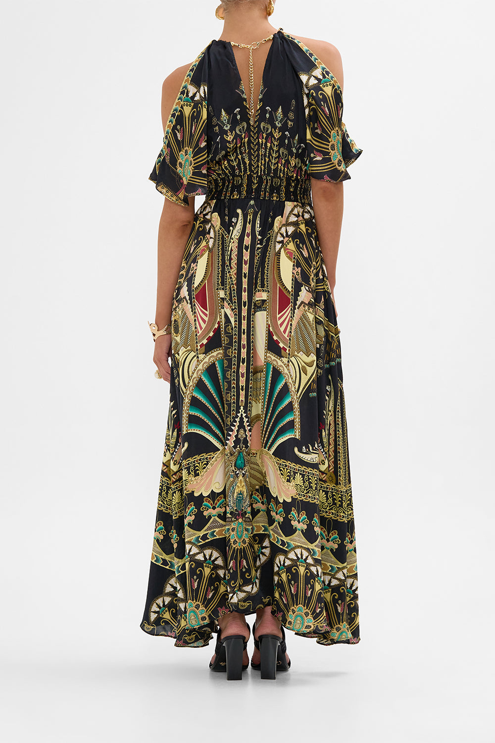 CAMILLA Neck Piece Shirred Waist Long Dress in They Called Her Nefertari print