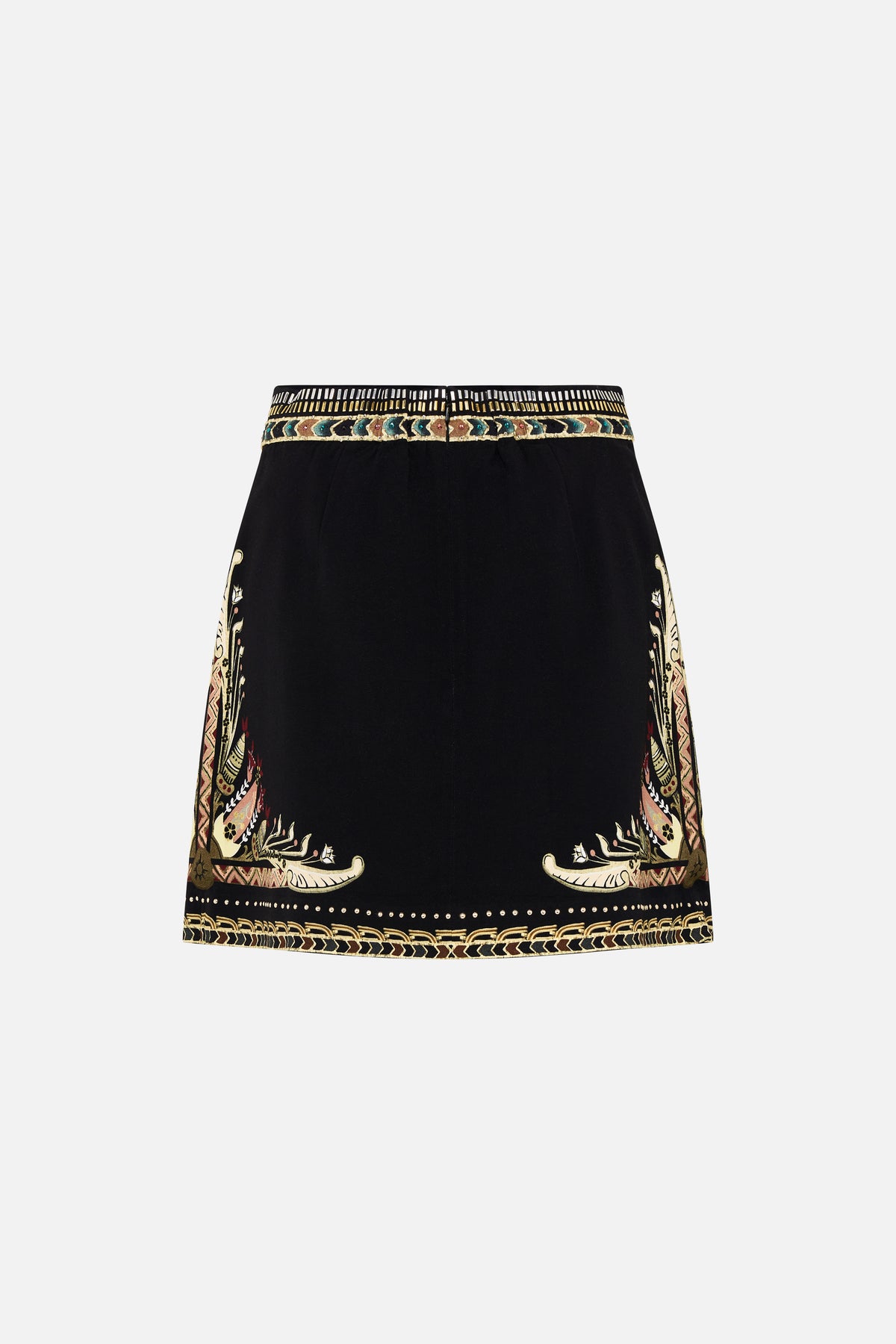 CAMILLA Metal Studded Shaped Waistband Mini Skirt in They Called Her Nefertari print