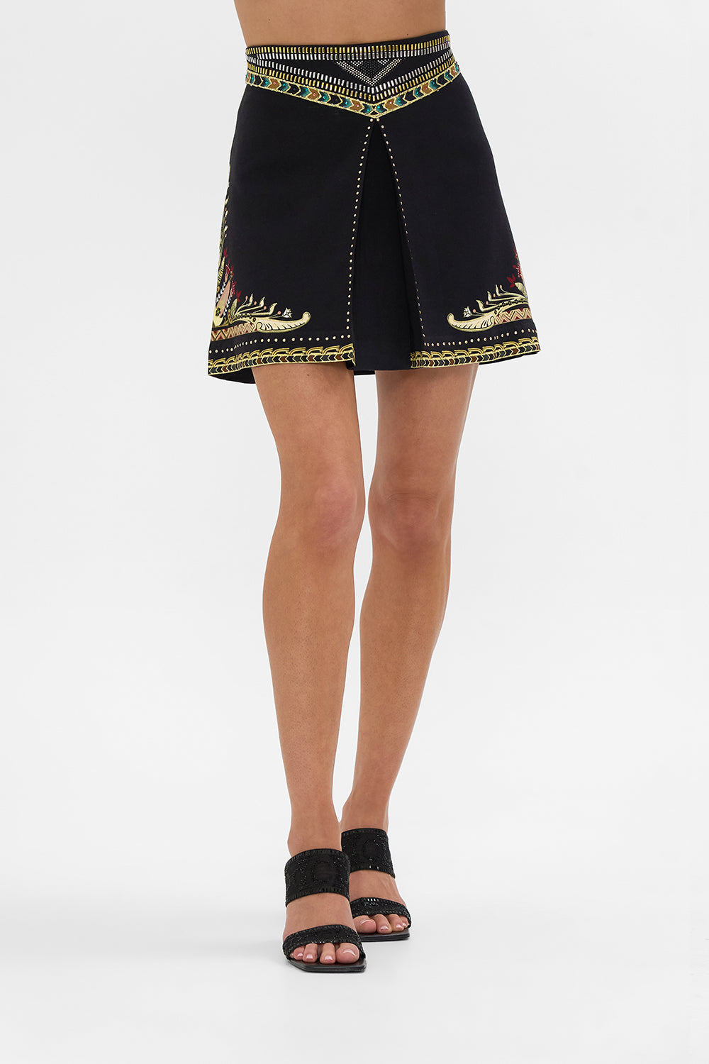 CAMILLA Metal Studded Shaped Waistband Mini Skirt in They Called Her Nefertari print