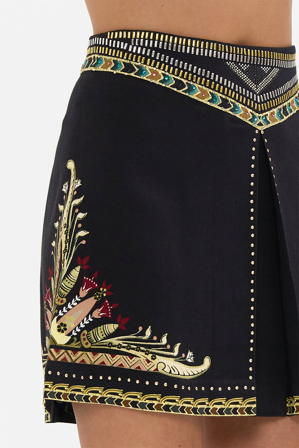 CAMILLA Metal Studded Shaped Waistband Mini Skirt in They Called Her Nefertari print