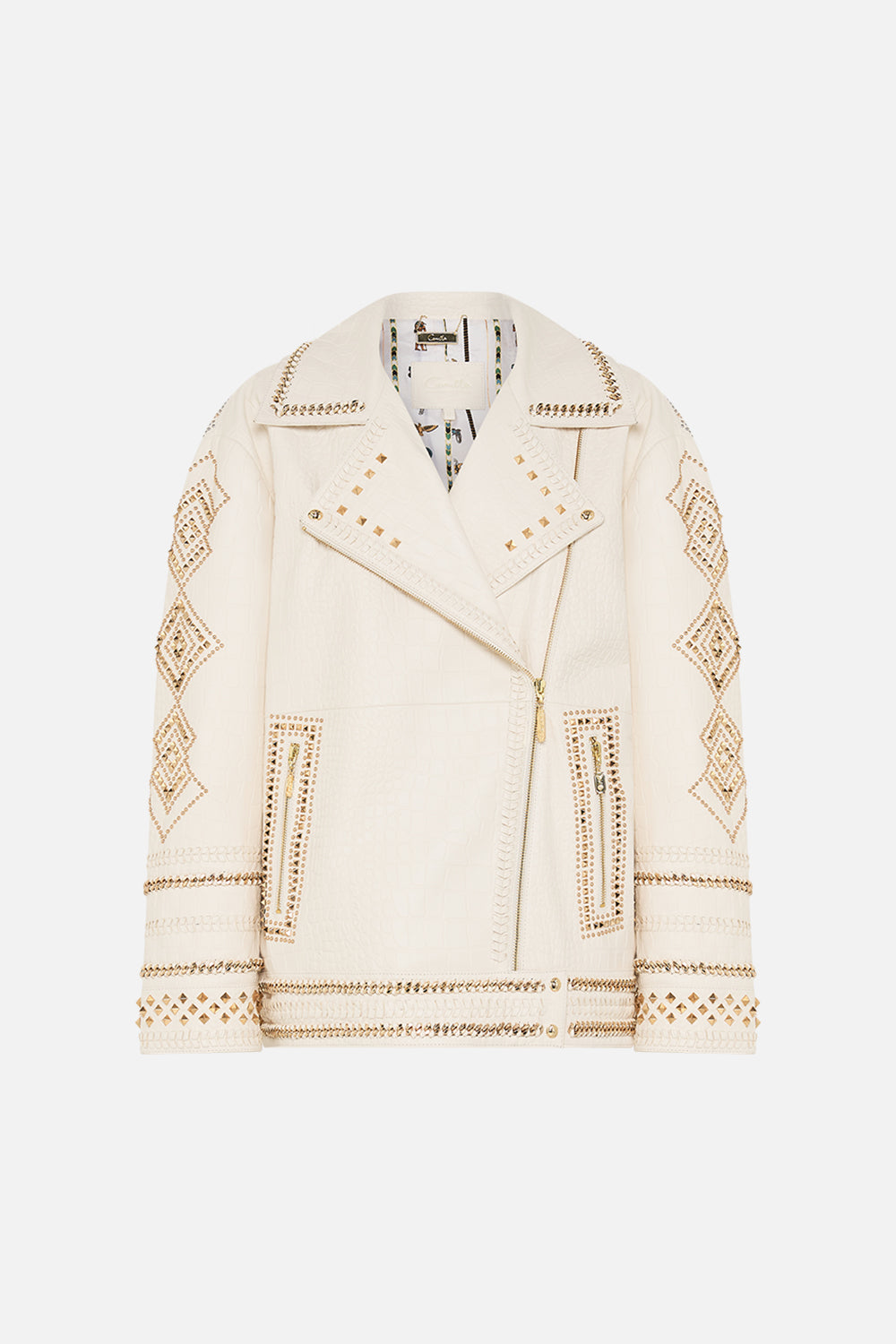 CAMILLA Oversized Leather Biker Jacket in Valley of the Queens print