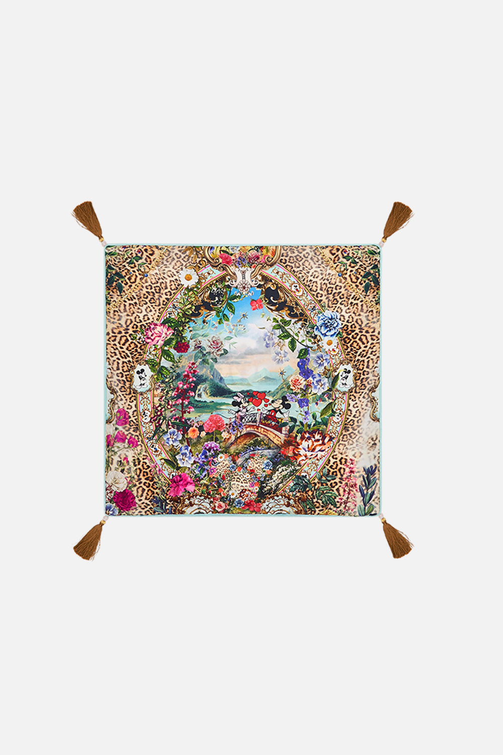 Disney x CAMILLA silk cushion Mickey Takes A Trip print