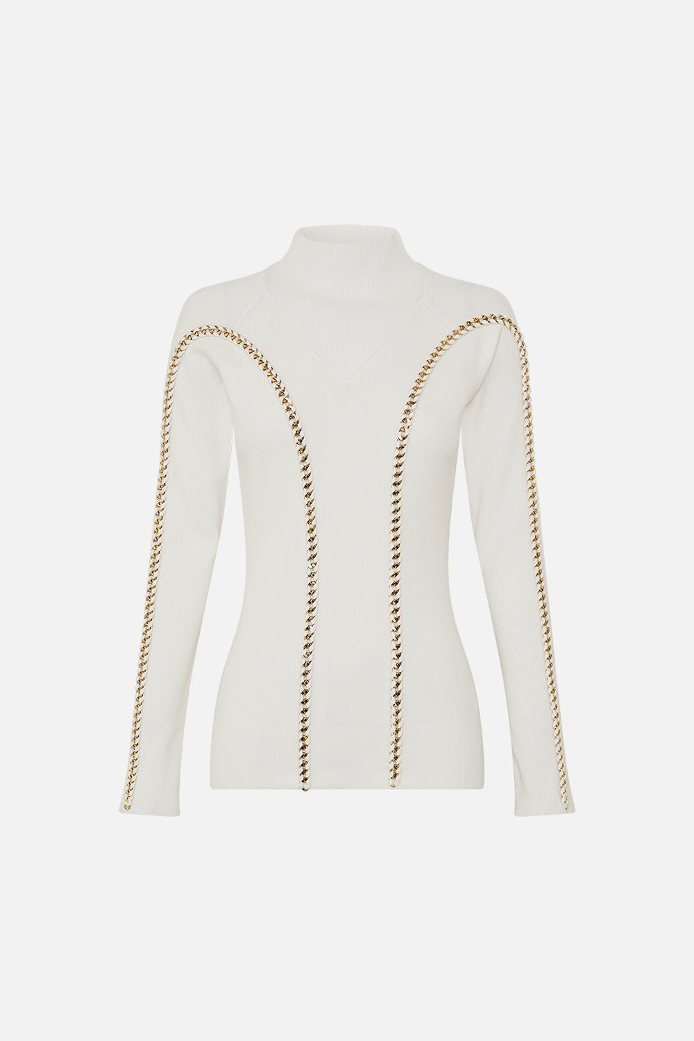 CAMILLA High Neck Knit Top in Valley Of The Queens print. 