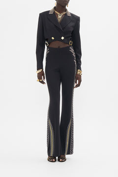 CAMILLA  Black/Gold Cropped Jacket with Cutout and Buckle Detail in They Called Her Nefertari print