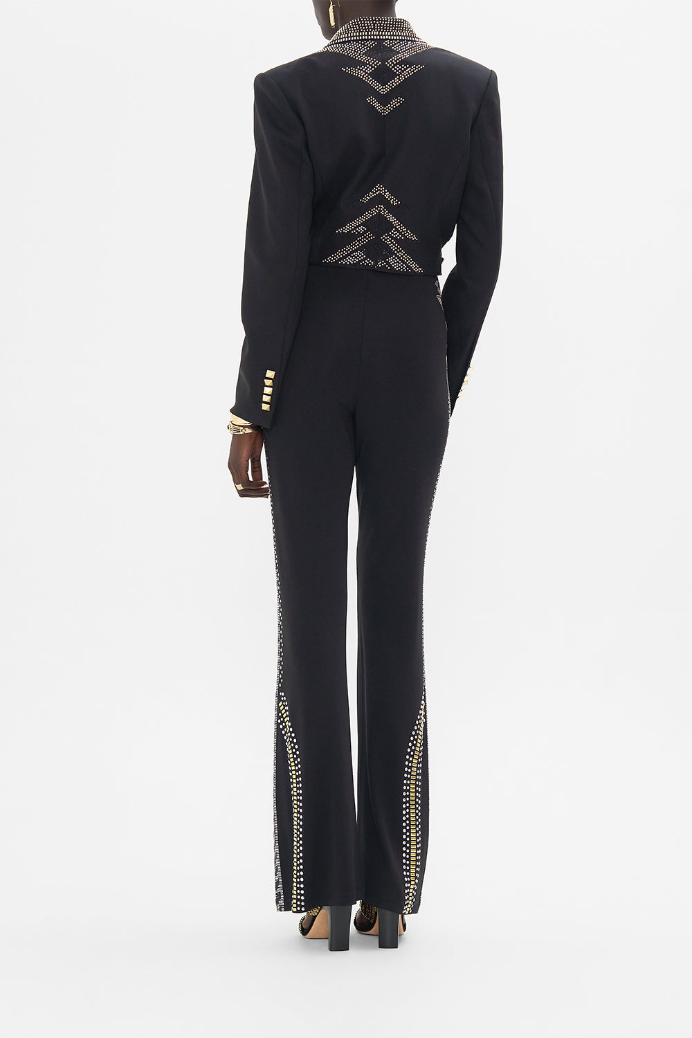 CAMILLA  Black/Gold Cropped Jacket with Cutout and Buckle Detail in They Called Her Nefertari print