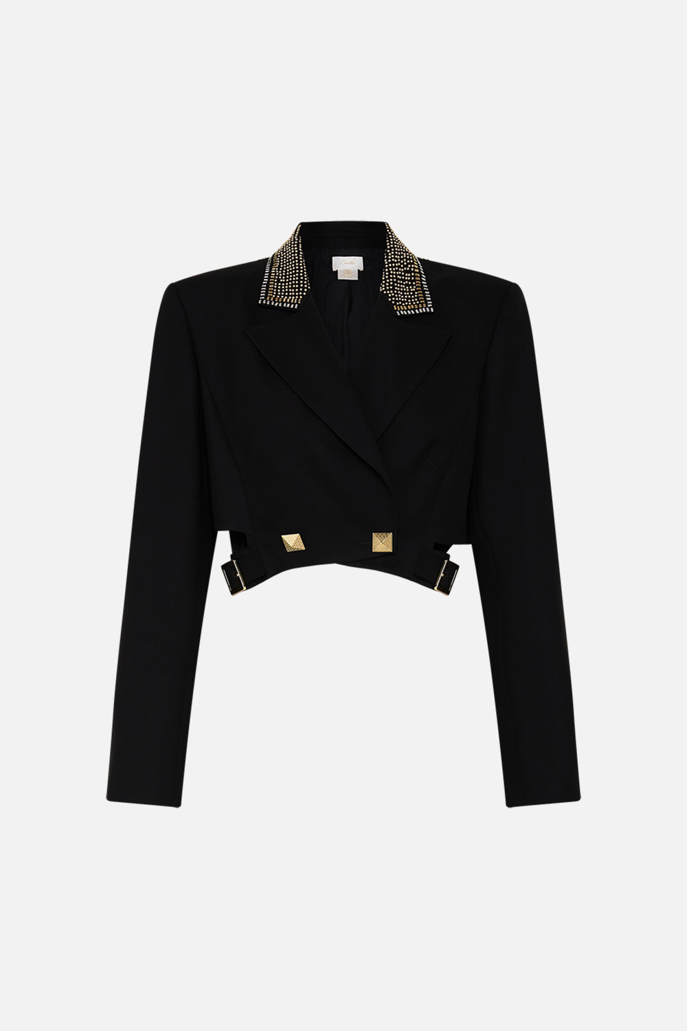 CAMILLA  Black/Gold Cropped Jacket with Cutout and Buckle Detail in They Called Her Nefertari print