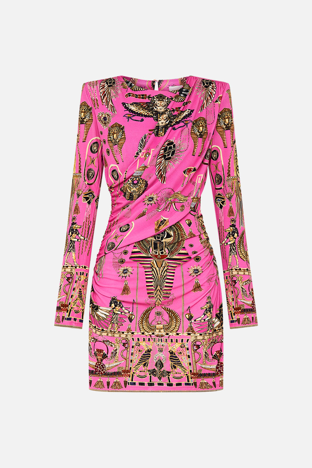 CAMILLA Asymmetrical Draped Long Sleeve Short Dress in Song of the Scarab print. 