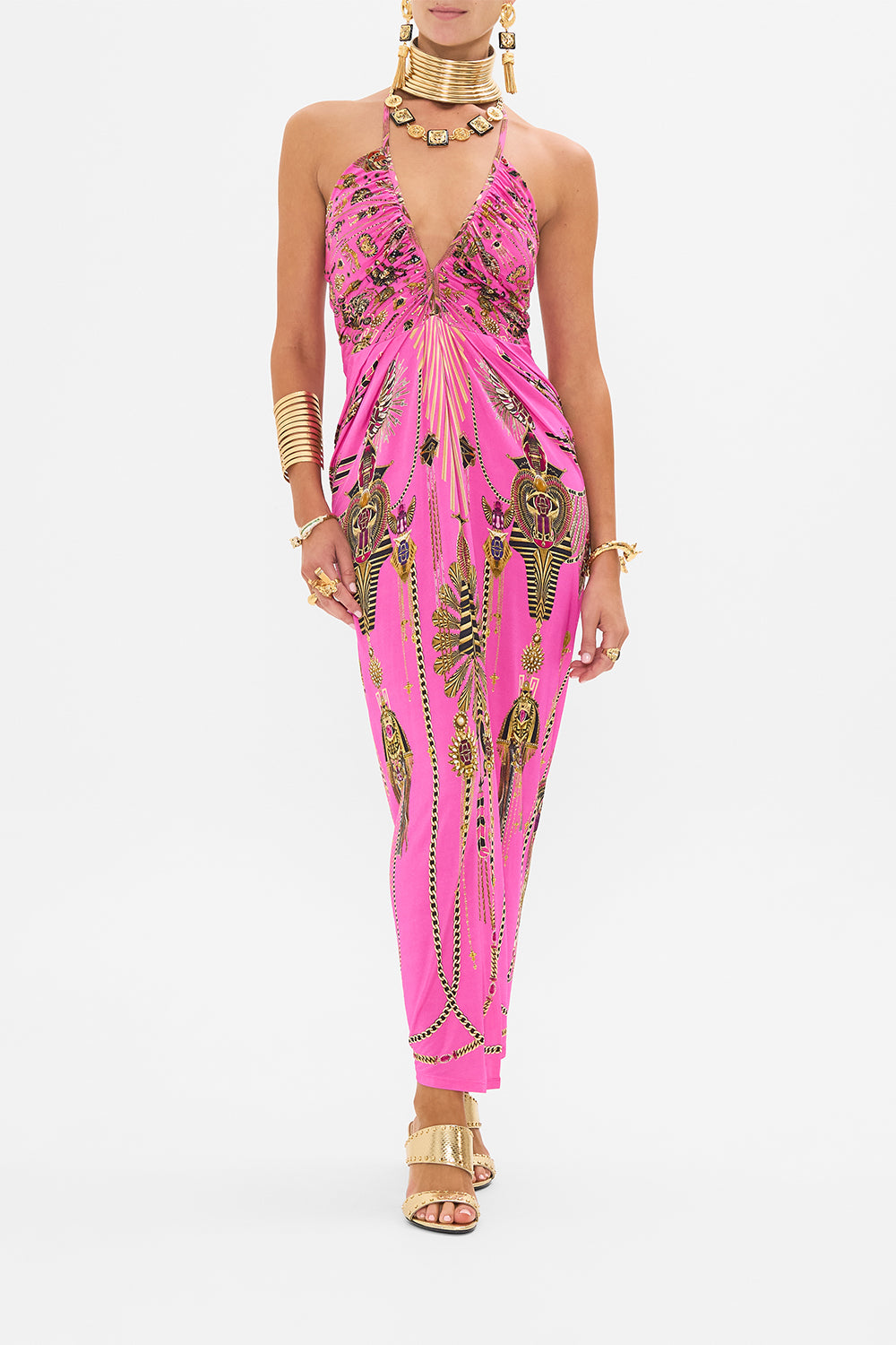 CAMILLA V Neck Gathered Jersey Dress in Song of The Scarab Print. 