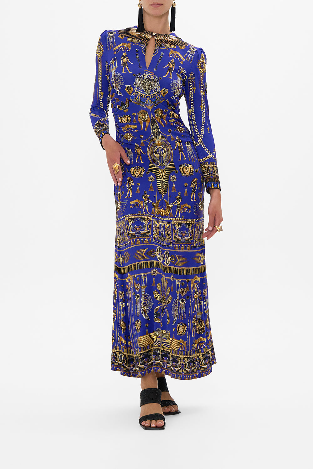 CAMILLA Gathered Jersey Long Dress in My Fair Pharaoh print