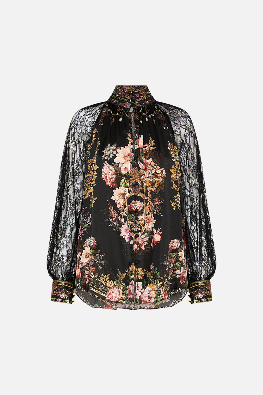 CAMILLA raglan button up shirt with lace at sleeve in Dynasty Daze print. 