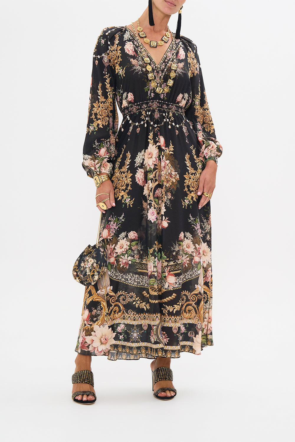 CAMILLA raglan shirred waist dress in Dynasty Daze print. 