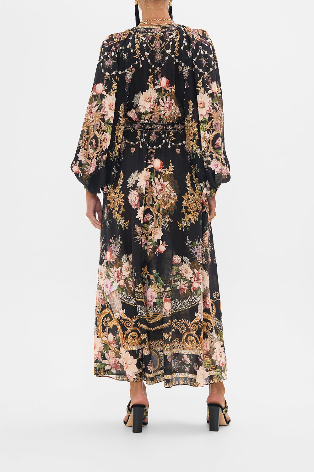 CAMILLA raglan shirred waist dress in Dynasty Daze print. 