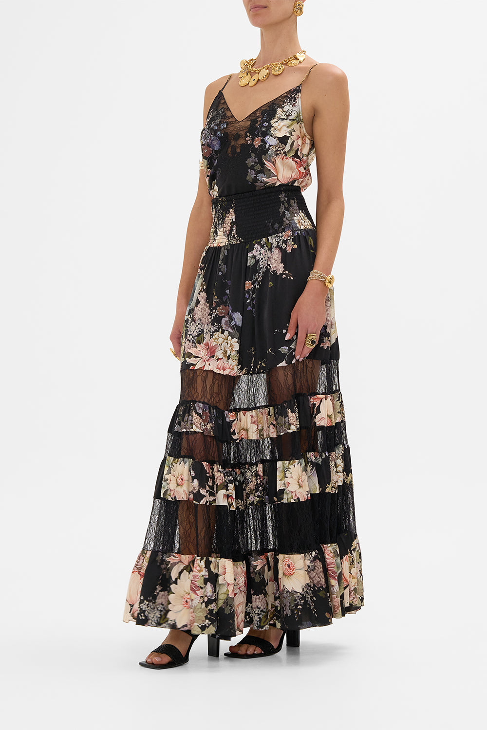 CAMILLA maxi skirt with lace inserts in Dyansty Daze print.  