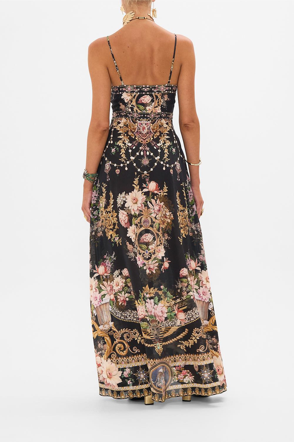 CAMILLA tie front cut out maxi dress in Dynasty Daze print. 