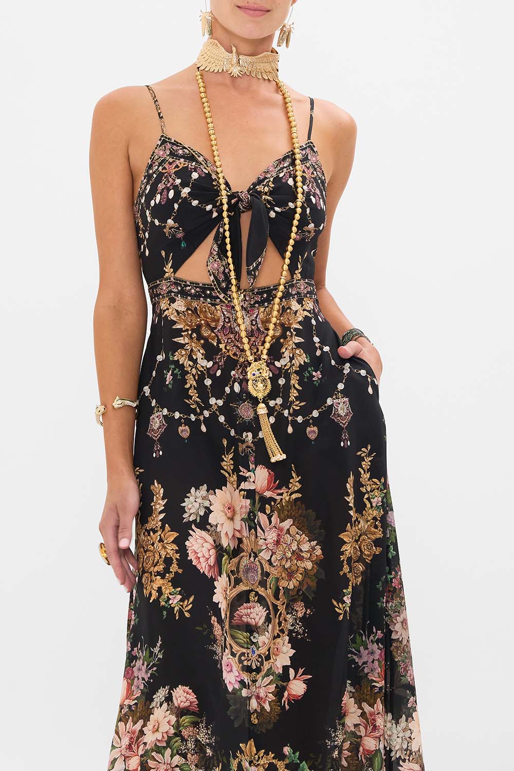 CAMILLA tie front cut out maxi dress in Dynasty Daze print. 